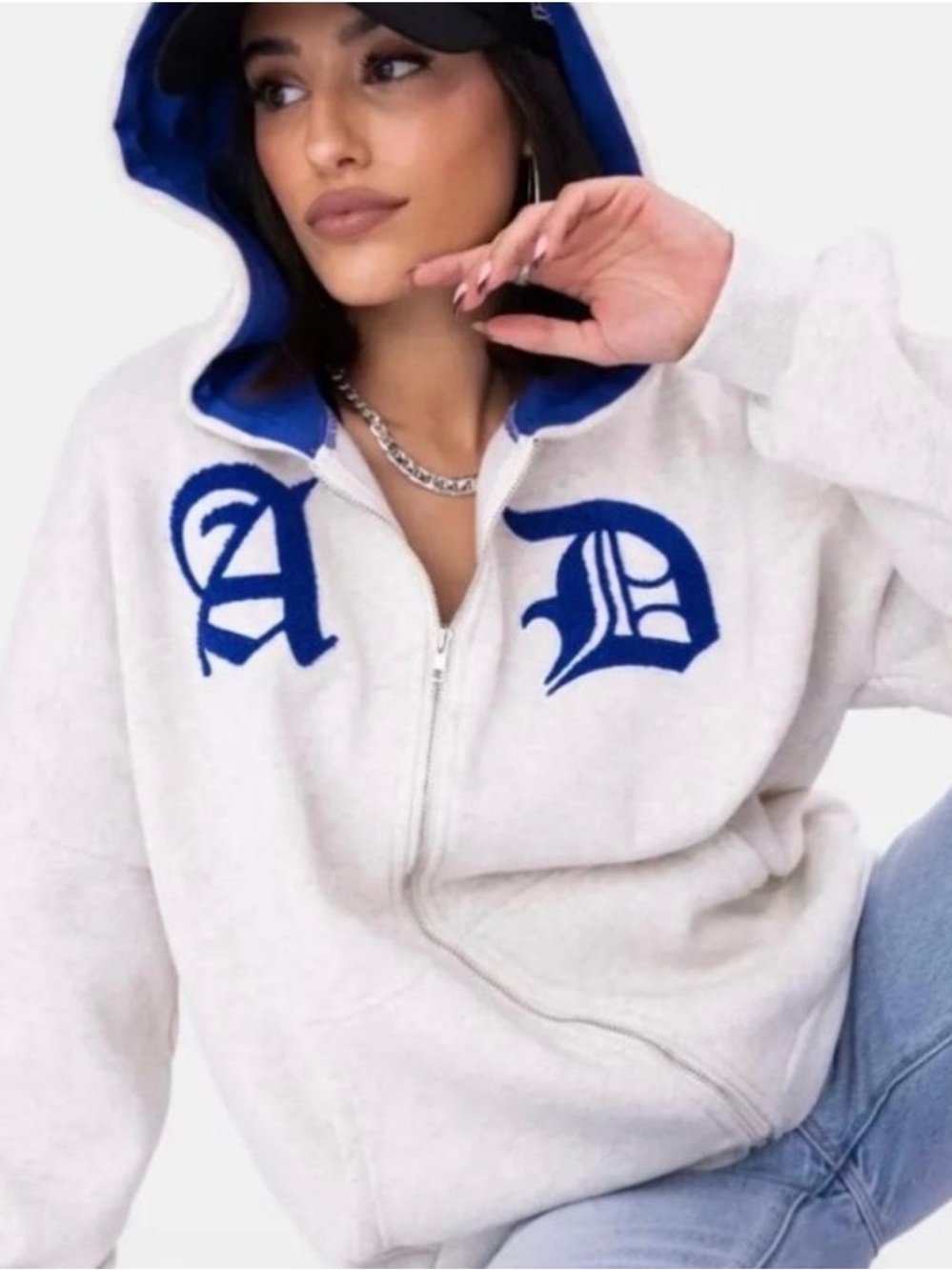 Adika Light Gray Zip-Up Hoodie with Navy Lettering